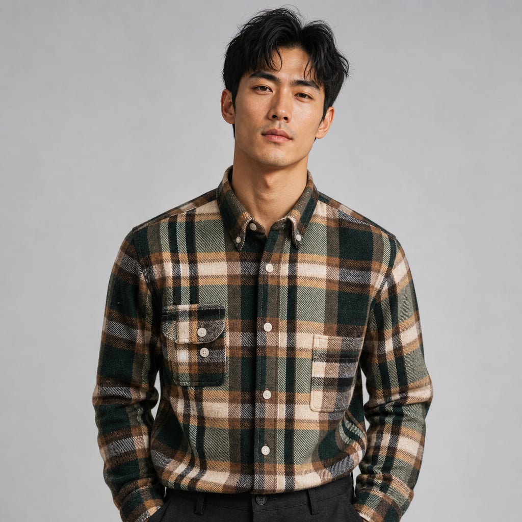 Relveck | Flannel Shirt Brushed Cotton Button-Down Tailored Fit Green – Product Photo