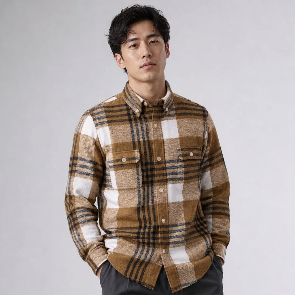 Relveck | Flannel Shirt Brushed Cotton Button-Down Tailored Fit Khaki – Product Photo