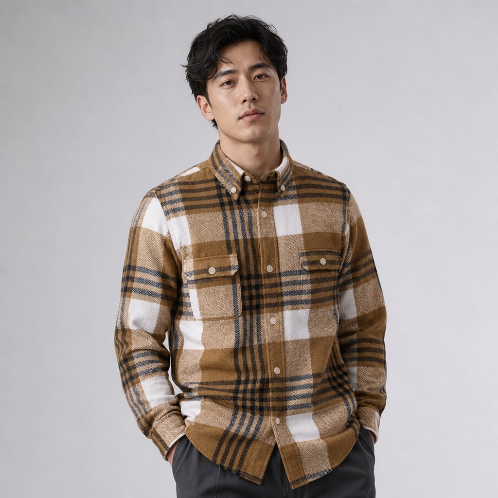 Relveck | Flannel Shirt Brushed Cotton Button-Down Tailored Fit Khaki – Product Photo