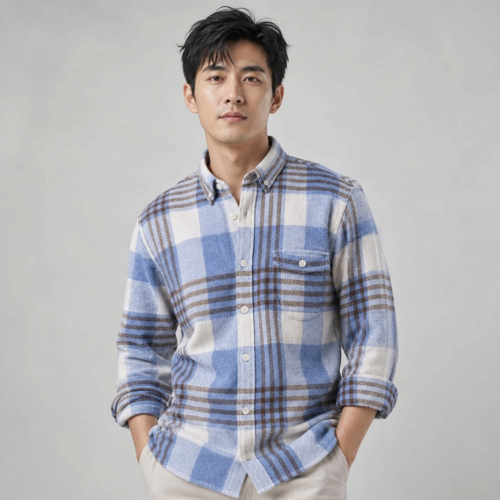 Relveck | Flannel Shirt Brushed Cotton Button-Down Tailored Fit Light Blue – Product Photo