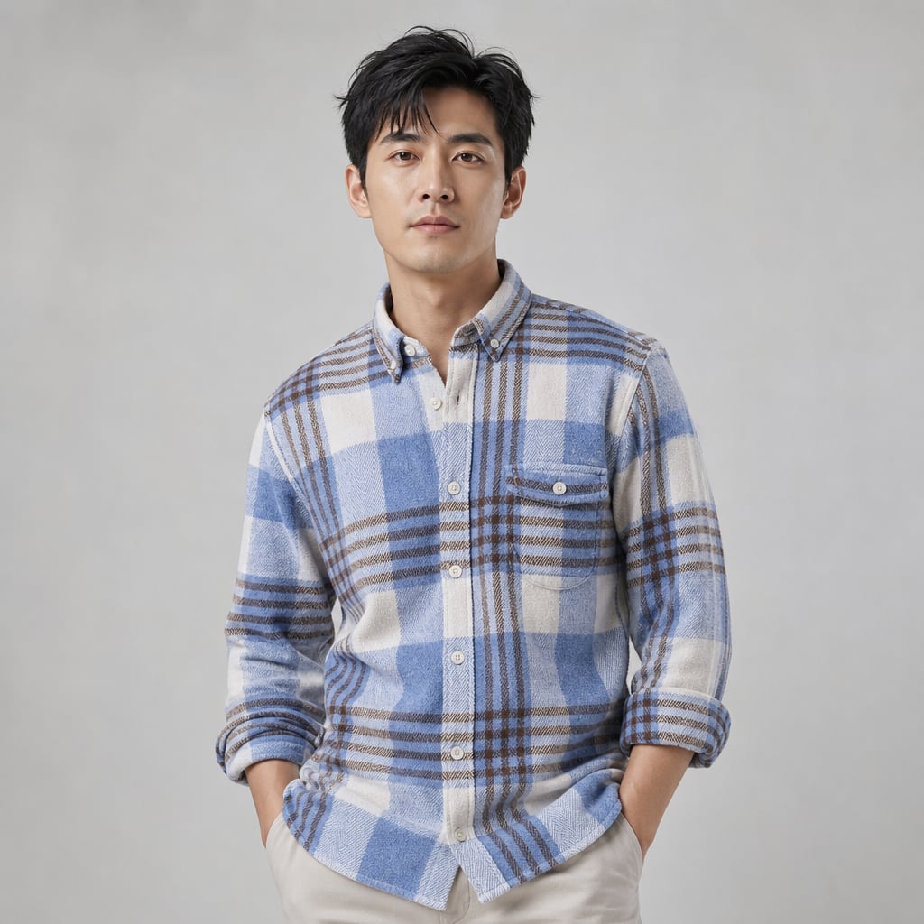 Relveck | Flannel Shirt Brushed Cotton Button-Down Tailored Fit Light Blue – Product Photo
