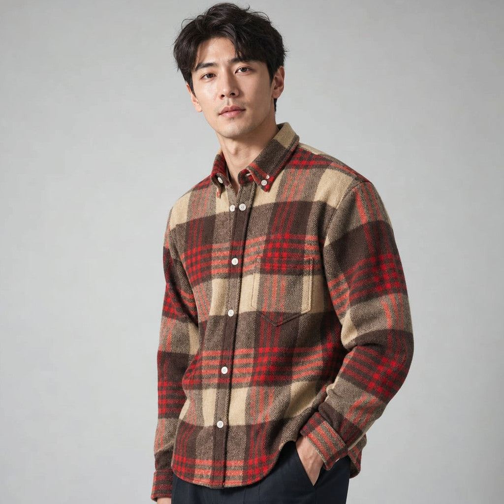 Relveck | Flannel Shirt Brushed Cotton Button-Down Tailored Fit Red – Side Angle View