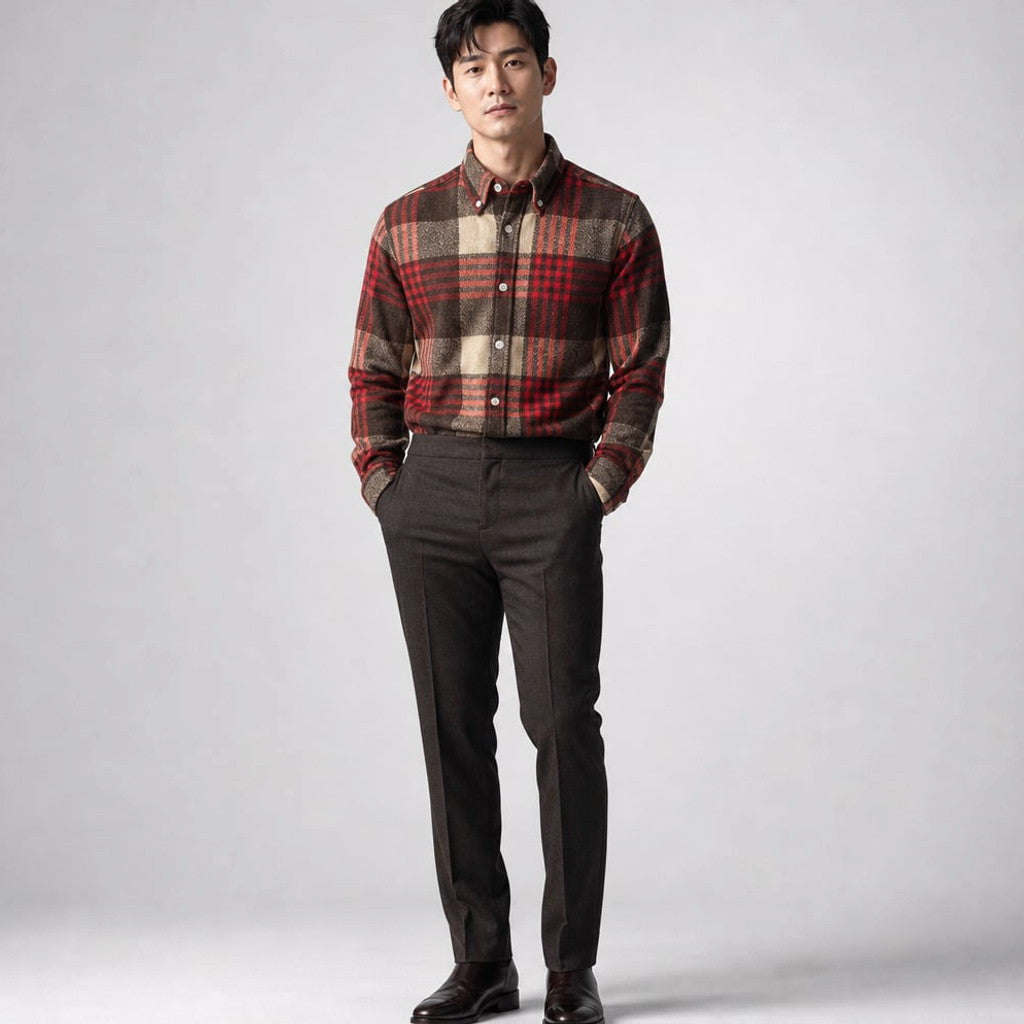 Relveck | Flannel Shirt Brushed Cotton Button-Down Tailored Fit Red – Full Look