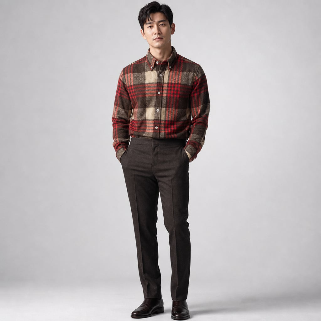 Relveck | Flannel Shirt Brushed Cotton Button-Down Tailored Fit Red – Full Look