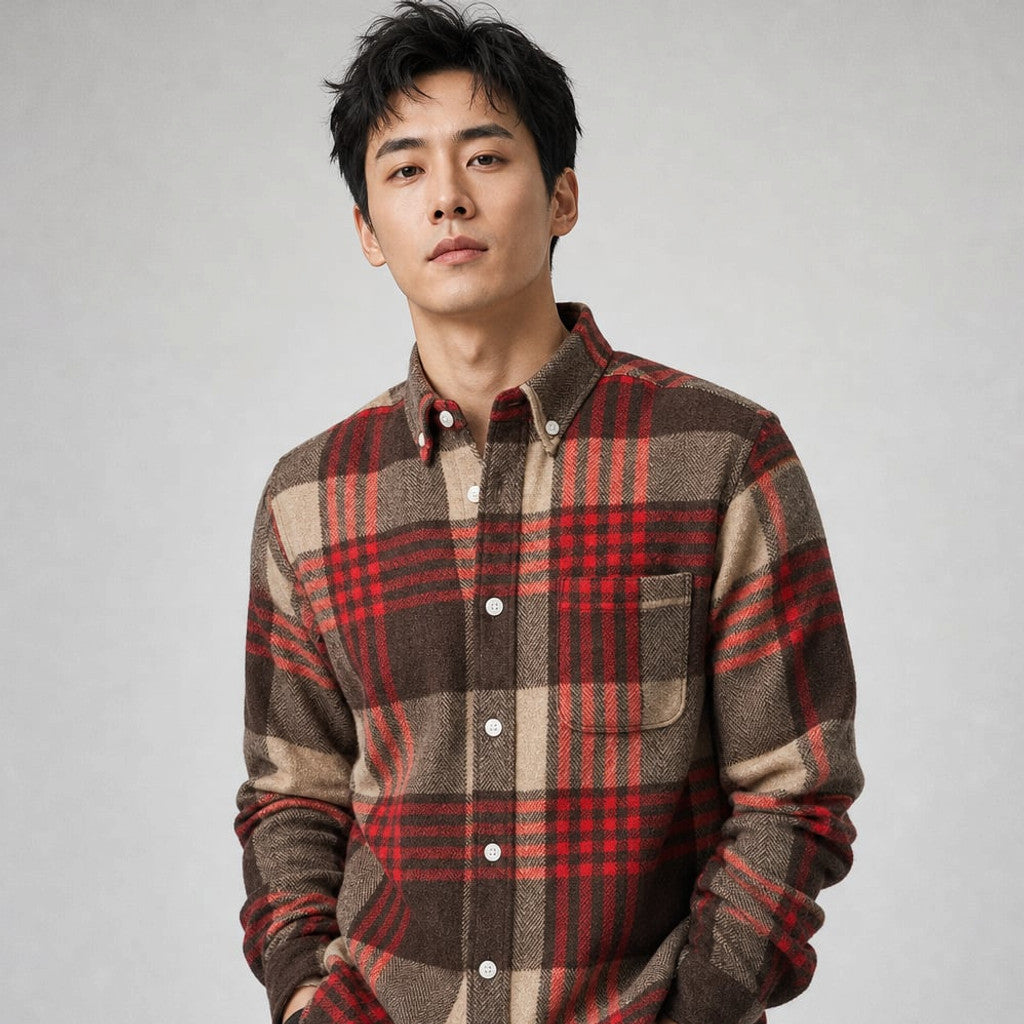 Relveck | Flannel Shirt Brushed Cotton Button-Down Tailored Fit Red – Product Photo