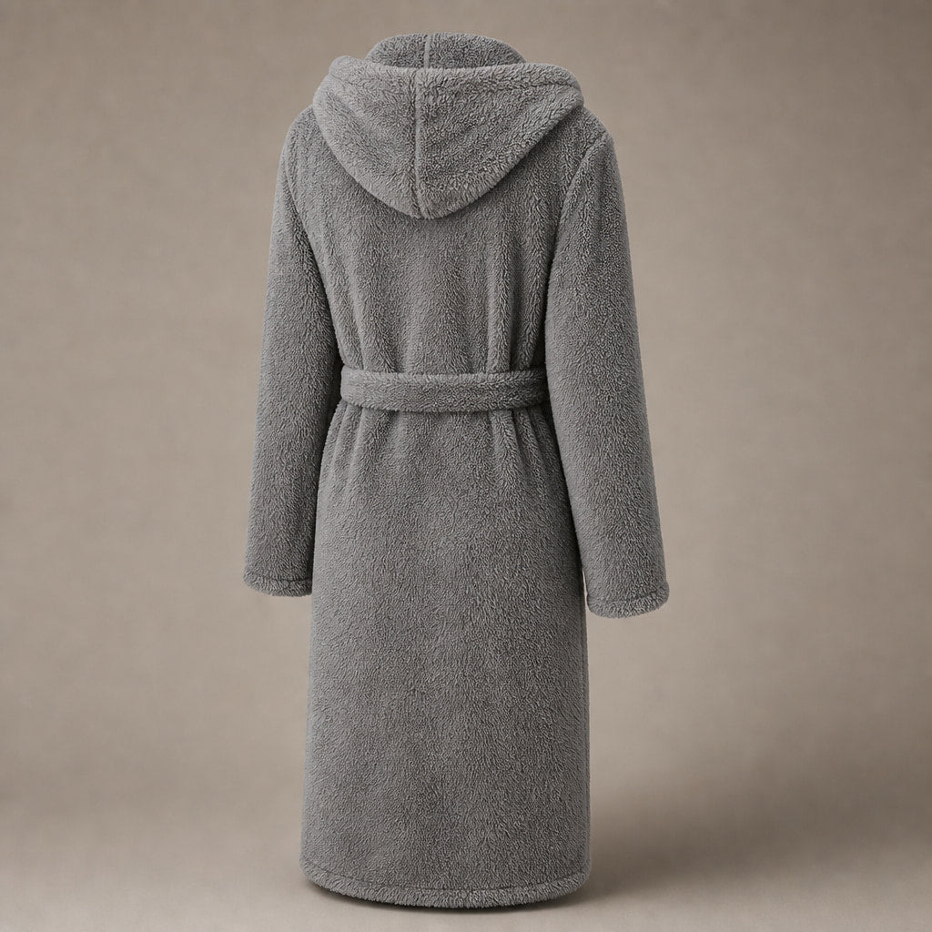 Hooded Bathrobe Plush Fleece Belted Grey Grey – Side Angle View