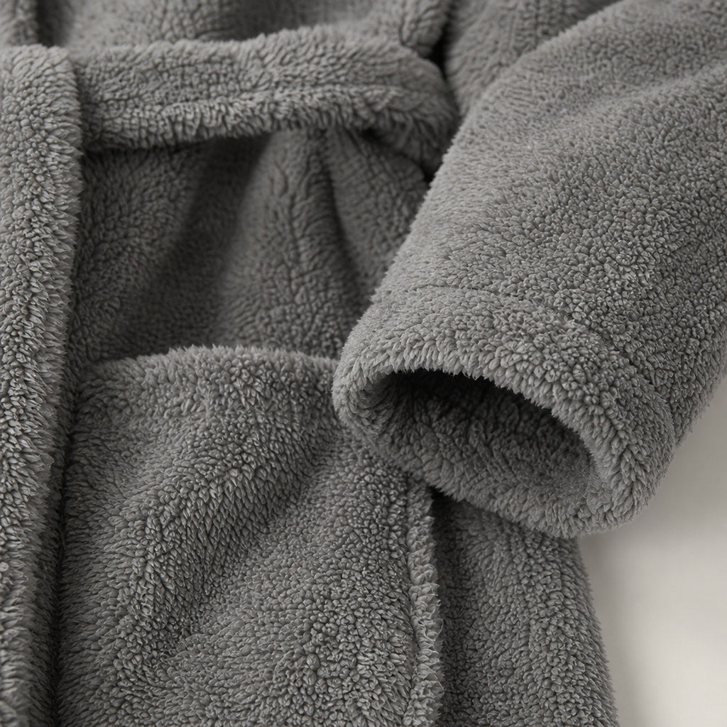 Hooded Bathrobe Plush Fleece Belted Grey Grey – Fabric and Detail Close-Up
