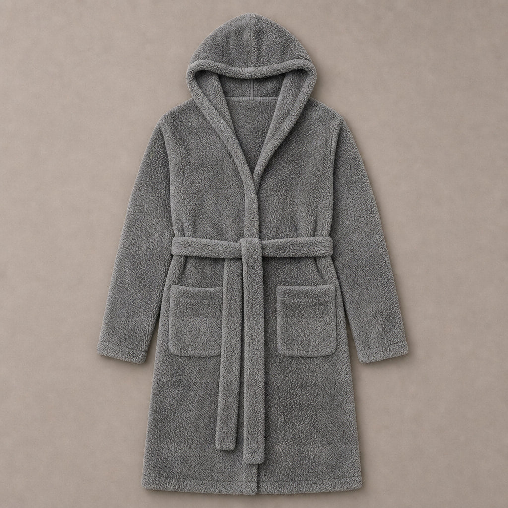 Hooded Bathrobe Plush Fleece Belted Grey Grey – Product Photo