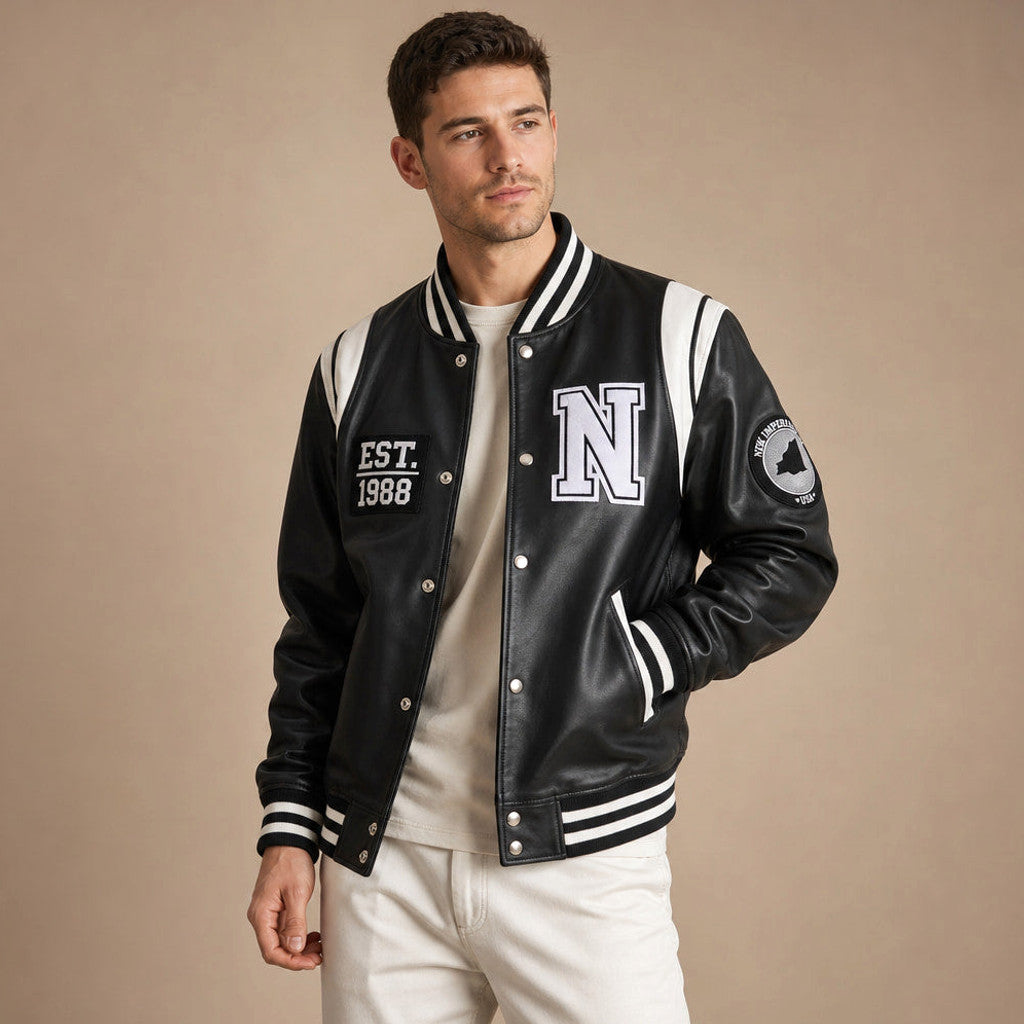Rencliffe | Varsity Jacket Sheepskin Black and White – Side Angle View