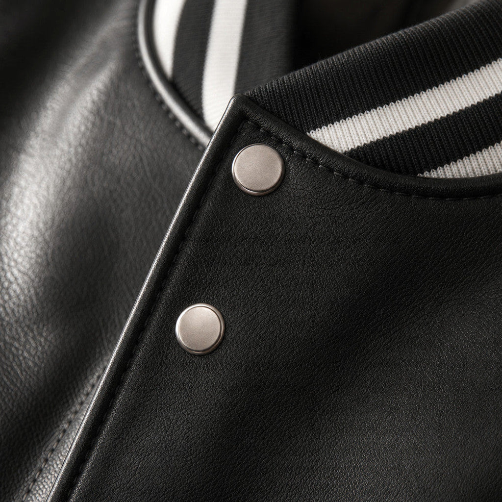 Rencliffe | Varsity Jacket Sheepskin Black and White – Fabric and Detail Close-Up