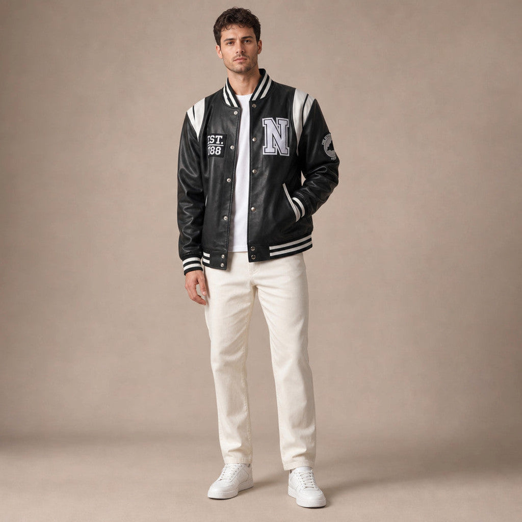 Rencliffe | Varsity Jacket Sheepskin Black and White – Full Look