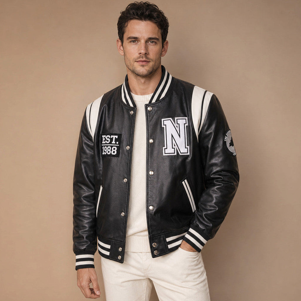 Rencliffe | Varsity Jacket Sheepskin Black and White – Product Photo