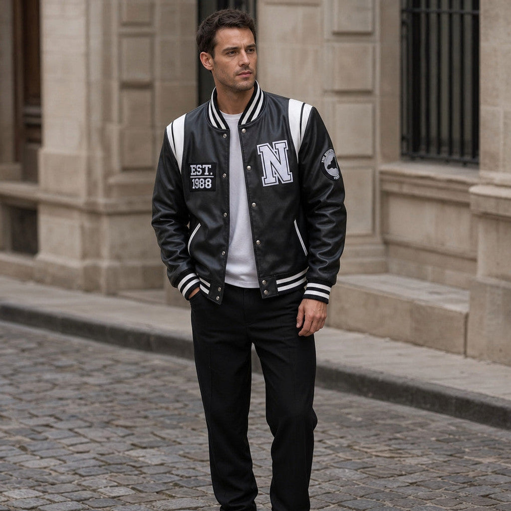 Rencliffe | Varsity Jacket Sheepskin Black and White – Styled Editorial Shot
