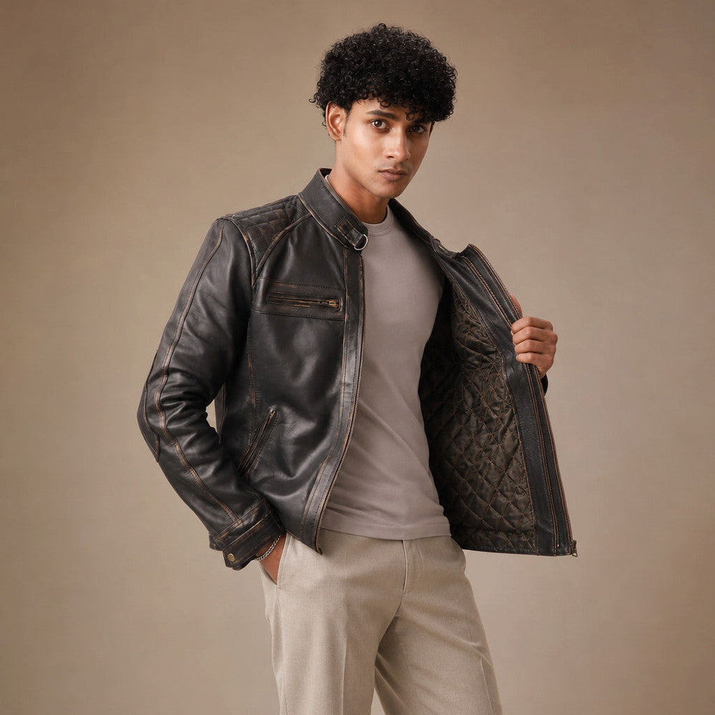 Rendalf | Biker Jacket Distressed Leather Brown Brown – Side Angle View