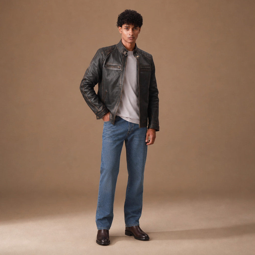 Rendalf | Biker Jacket Distressed Leather Brown Brown – Full Look