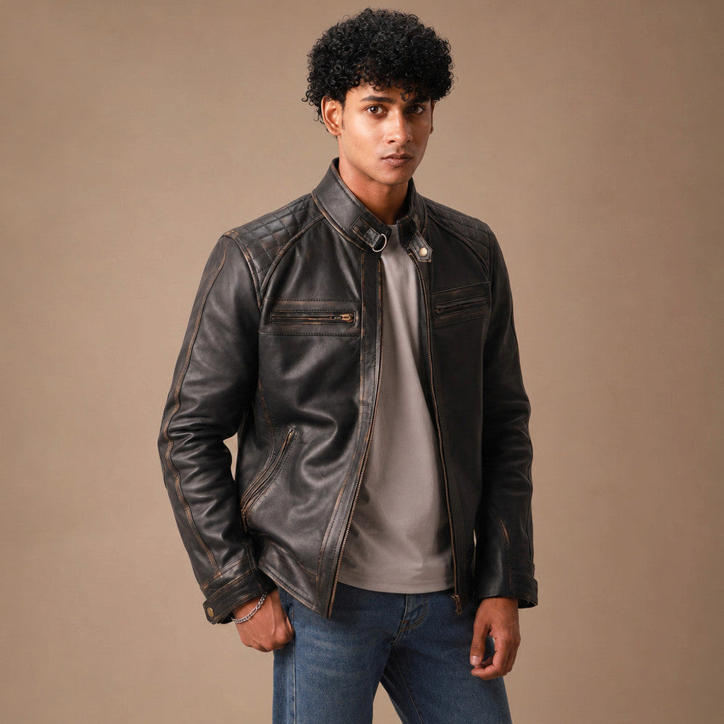 Rendalf | Biker Jacket Distressed Leather Brown Brown – Product Photo