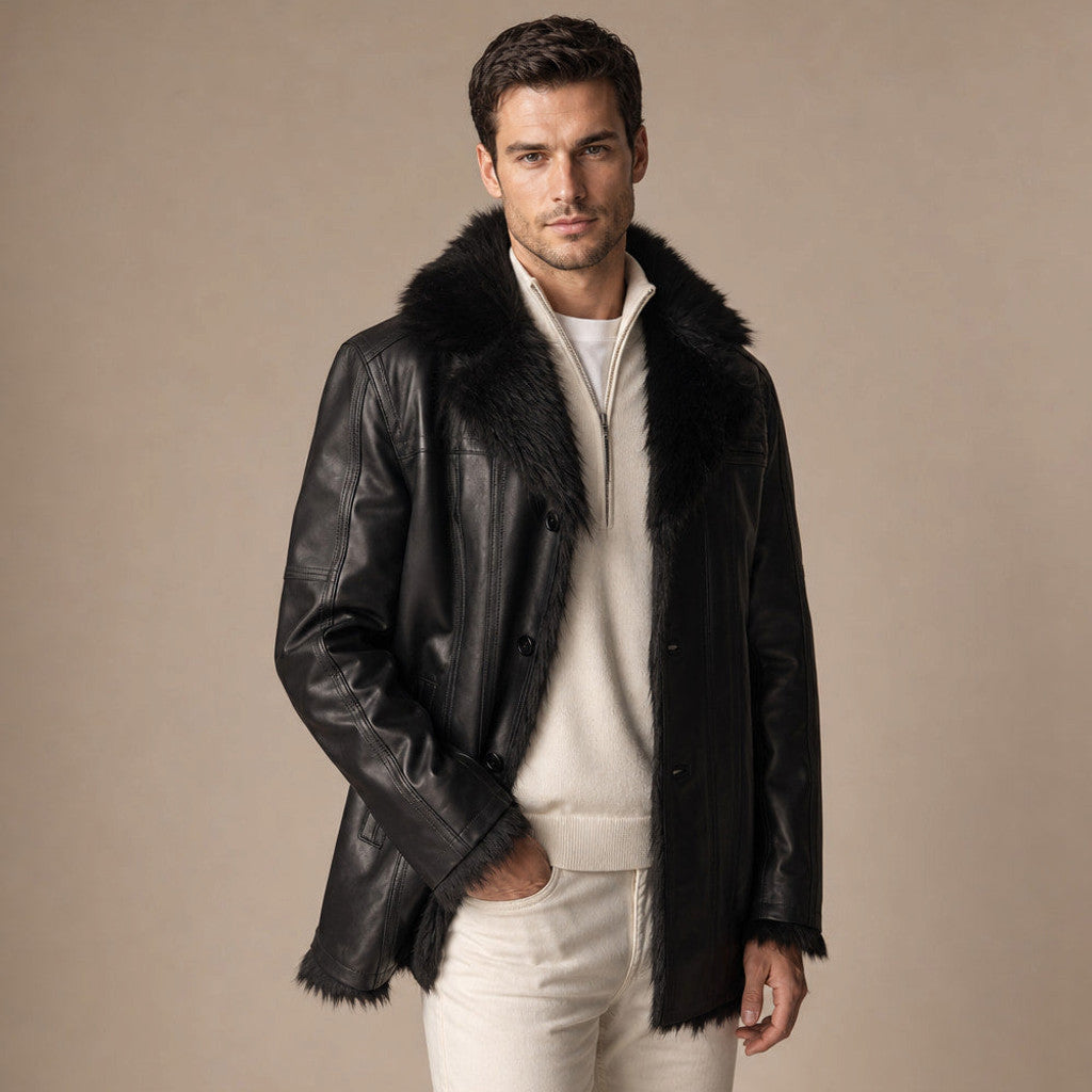 Rennard | Leather Pea Coat Shearling Lined Black Black – Side Angle View