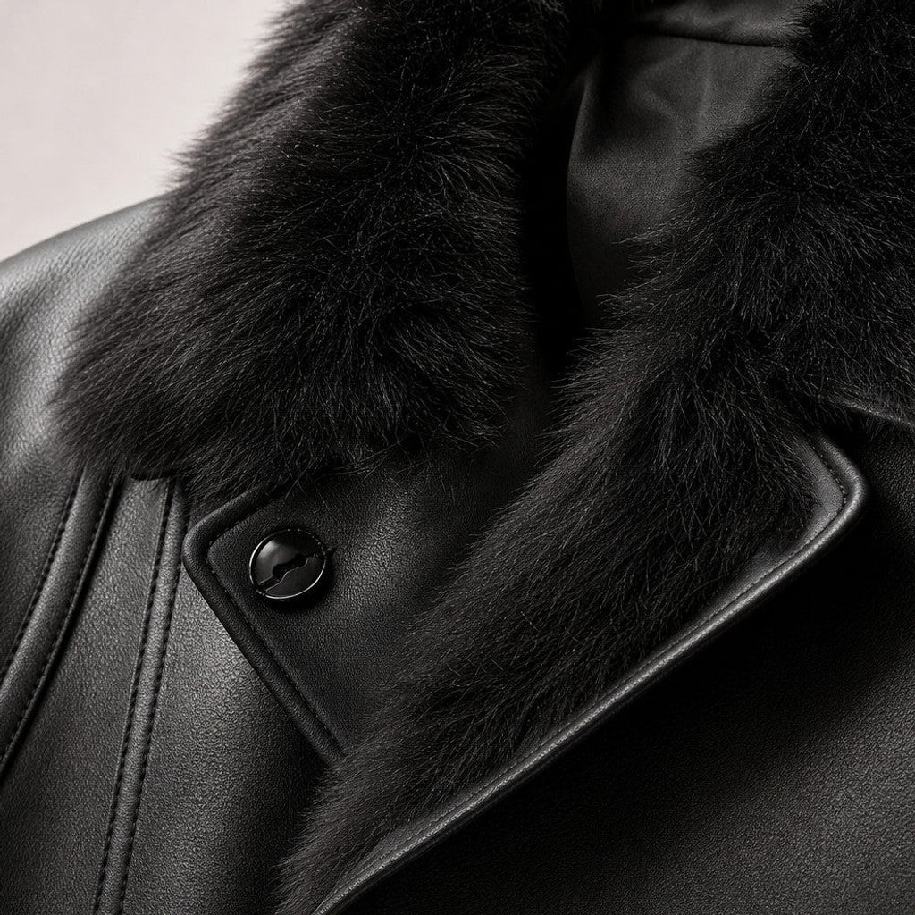 Rennard | Leather Pea Coat Shearling Lined Black Black – Fabric and Detail Close-Up