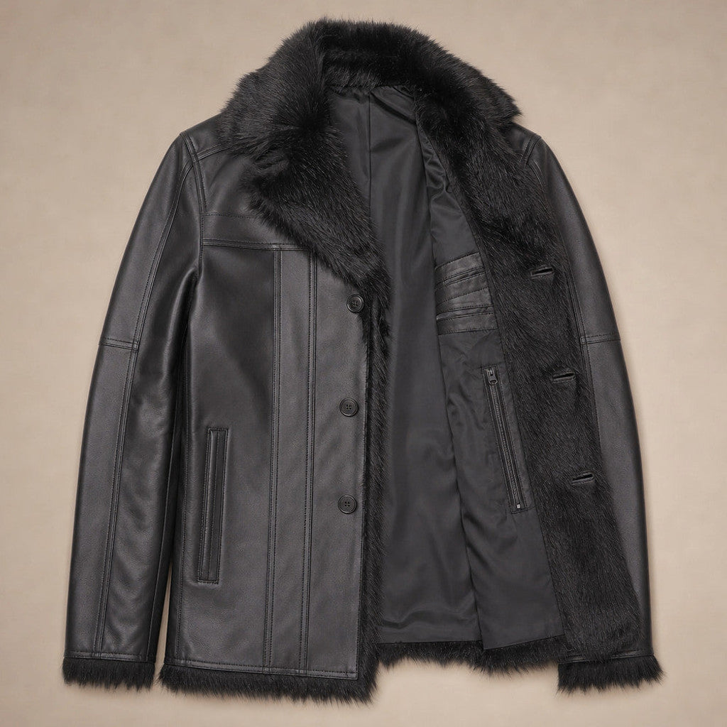 Rennard | Leather Pea Coat Shearling Lined Black Black – Flat Lay Product Photo