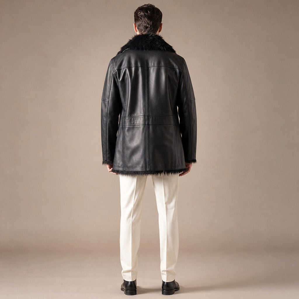 Rennard | Leather Pea Coat Shearling Lined Black Black – Full Look