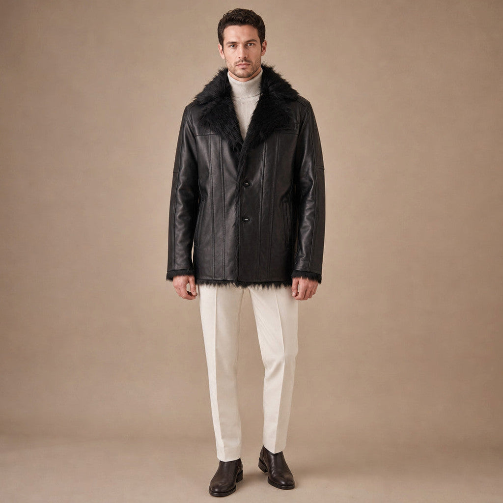 Rennard | Leather Pea Coat Shearling Lined Black in Black – Premium Editorial