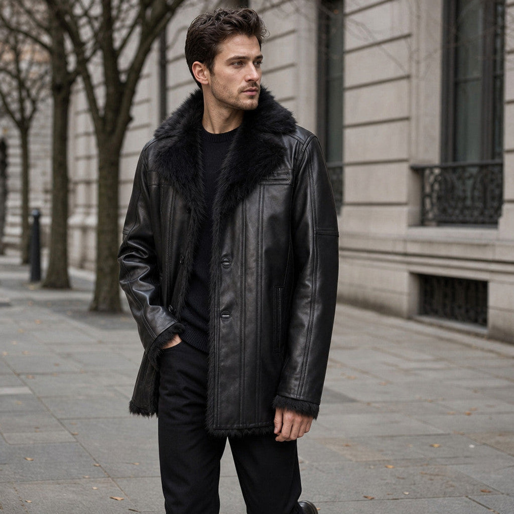Rennard | Leather Pea Coat Shearling Lined Black Black – Styled Editorial Shot