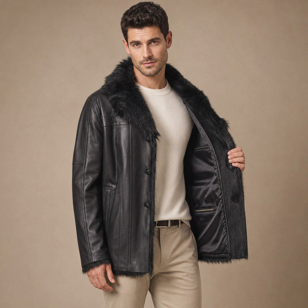 Rennard | Leather Pea Coat Shearling Lined Black Black – Interior Lining Detail