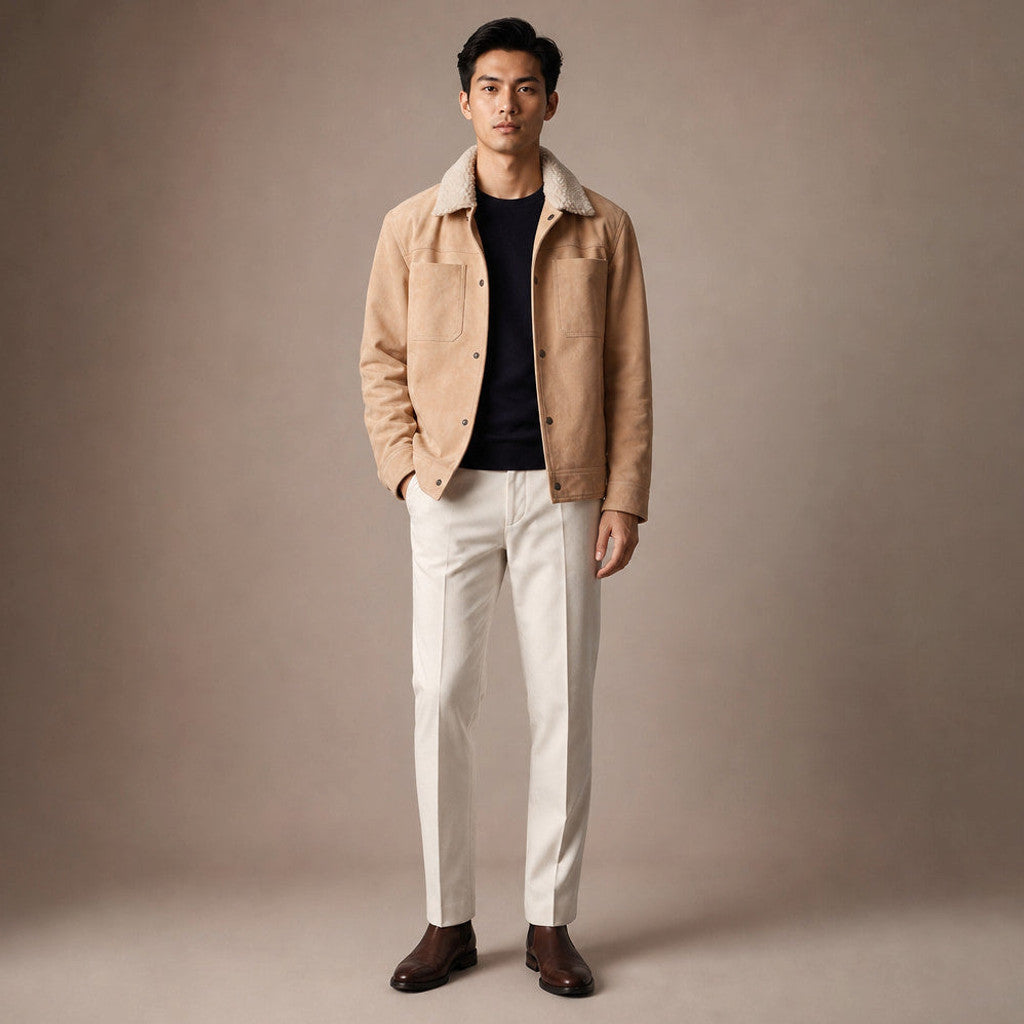 Rennick | Suede Trucker Jacket Shearling Collar Beige – Product Photo