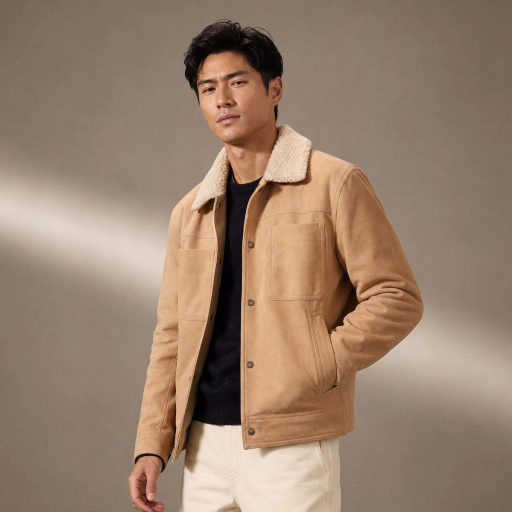 Rennick | Suede Trucker Jacket Shearling Collar Beige – Product Photo