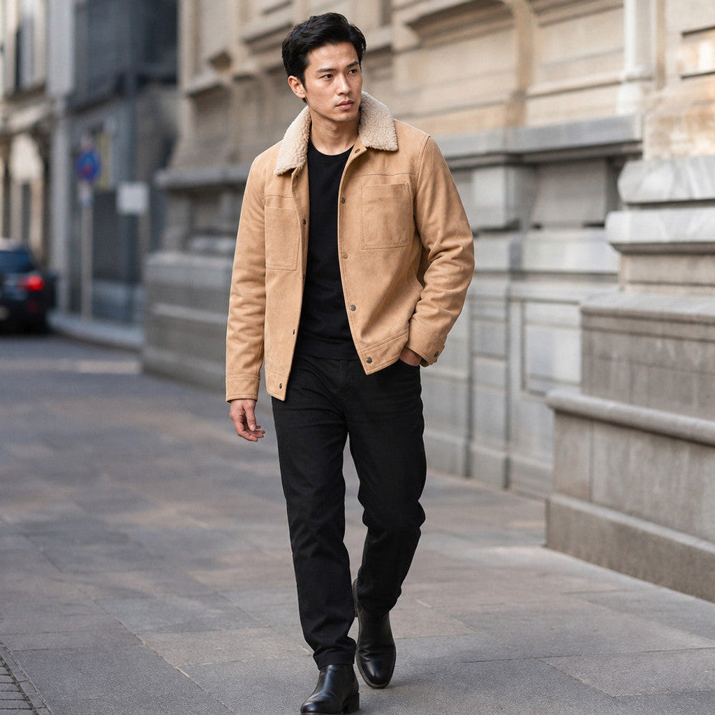 Rennick | Suede Trucker Jacket Shearling Collar Beige – Product Photo