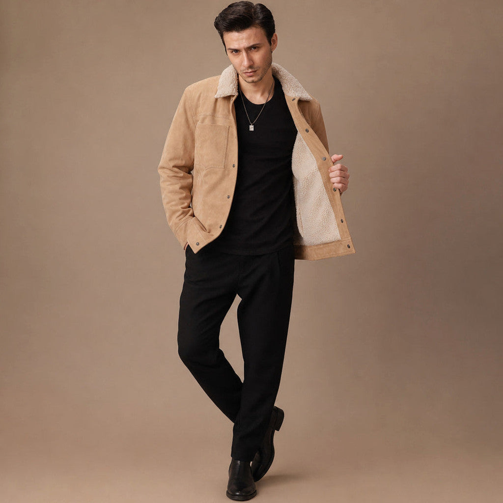 Rennick | Suede Trucker Jacket Shearling Collar Beige Beige – Side Angle View