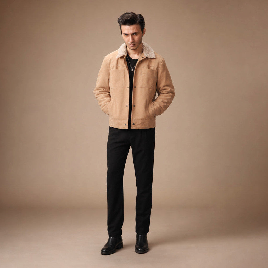 Rennick | Suede Trucker Jacket Shearling Collar Beige Beige – Full Look