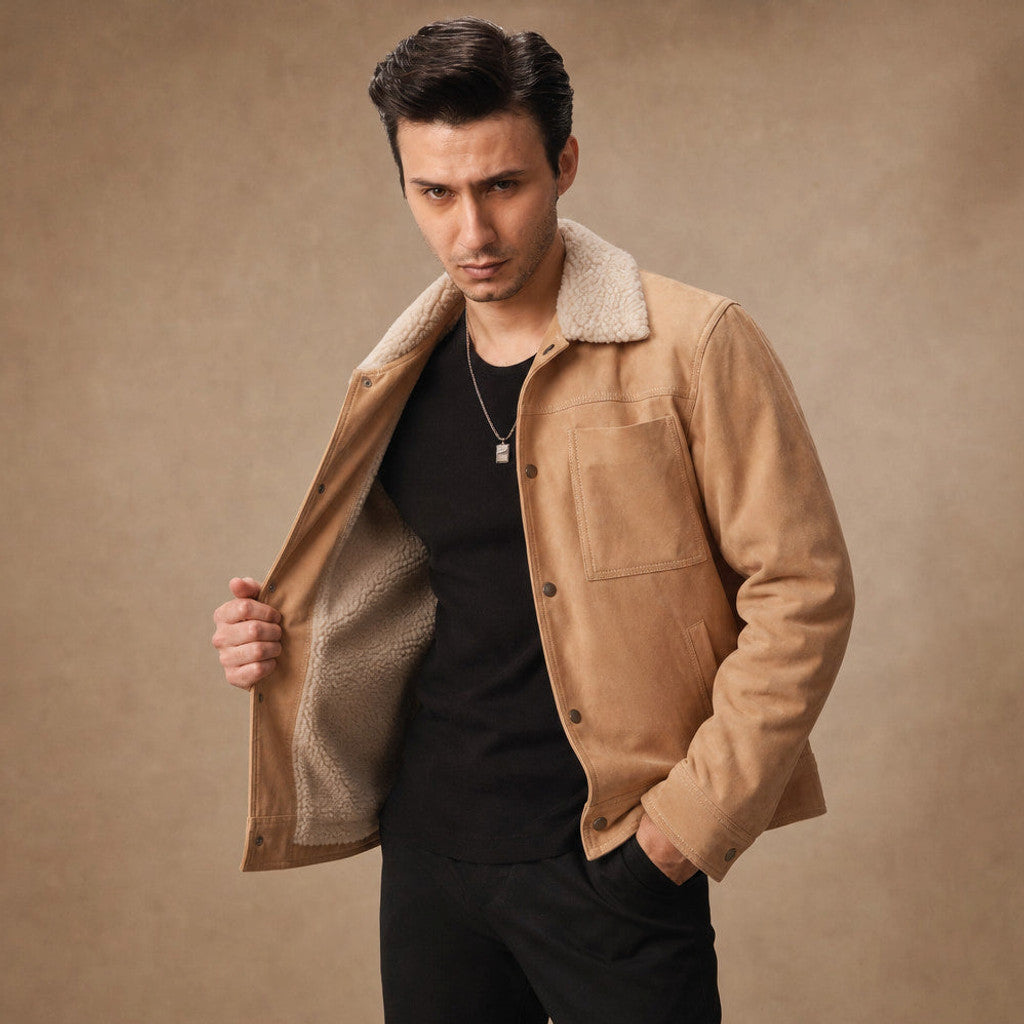 Rennick | Suede Trucker Jacket Shearling Collar Beige in Beige – Premium Editorial