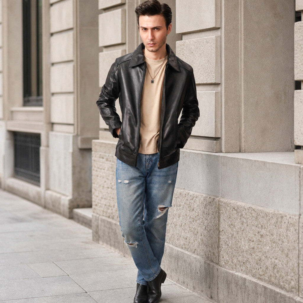 Rhys | Leather Biker Jacket Sheepskin Black – Product Photo