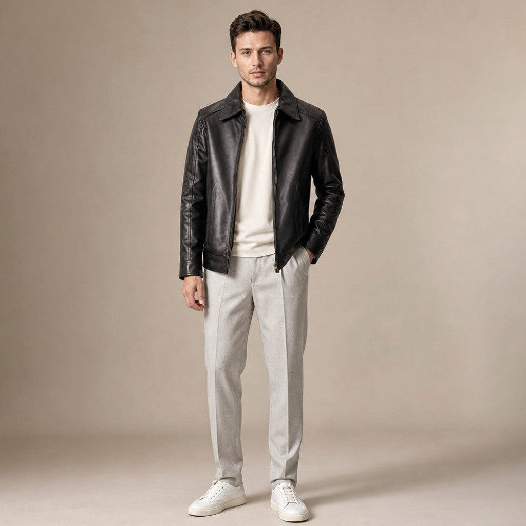 Rhys | Leather Biker Jacket Sheepskin Black – Product Photo