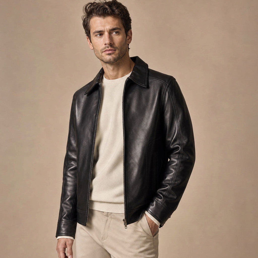 Rhys | Leather Biker Jacket Sheepskin Black – Product Photo