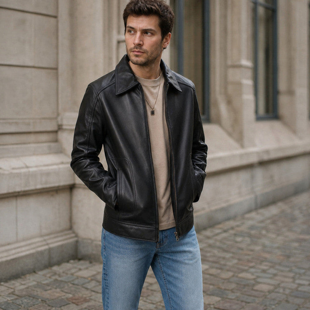 Rhys | Leather Biker Jacket Sheepskin Black – Product Photo
