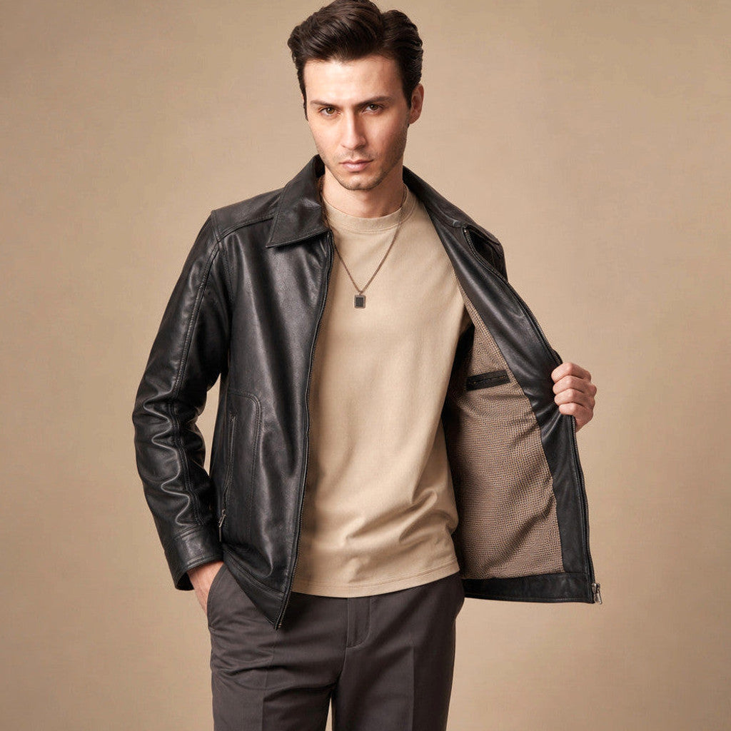 Rhys | Leather Biker Jacket Sheepskin Black – Product Photo