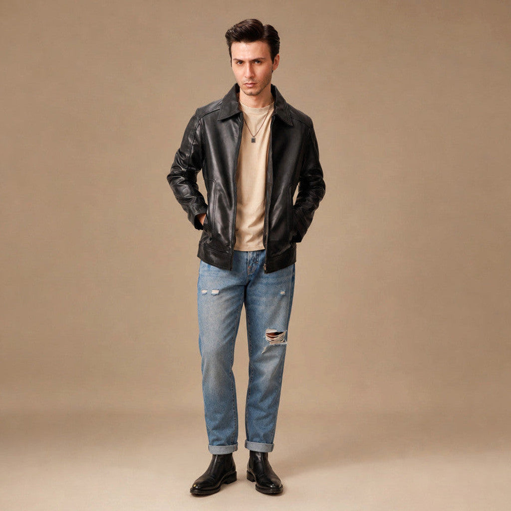 Rhys | Leather Biker Jacket Sheepskin Black – Product Photo
