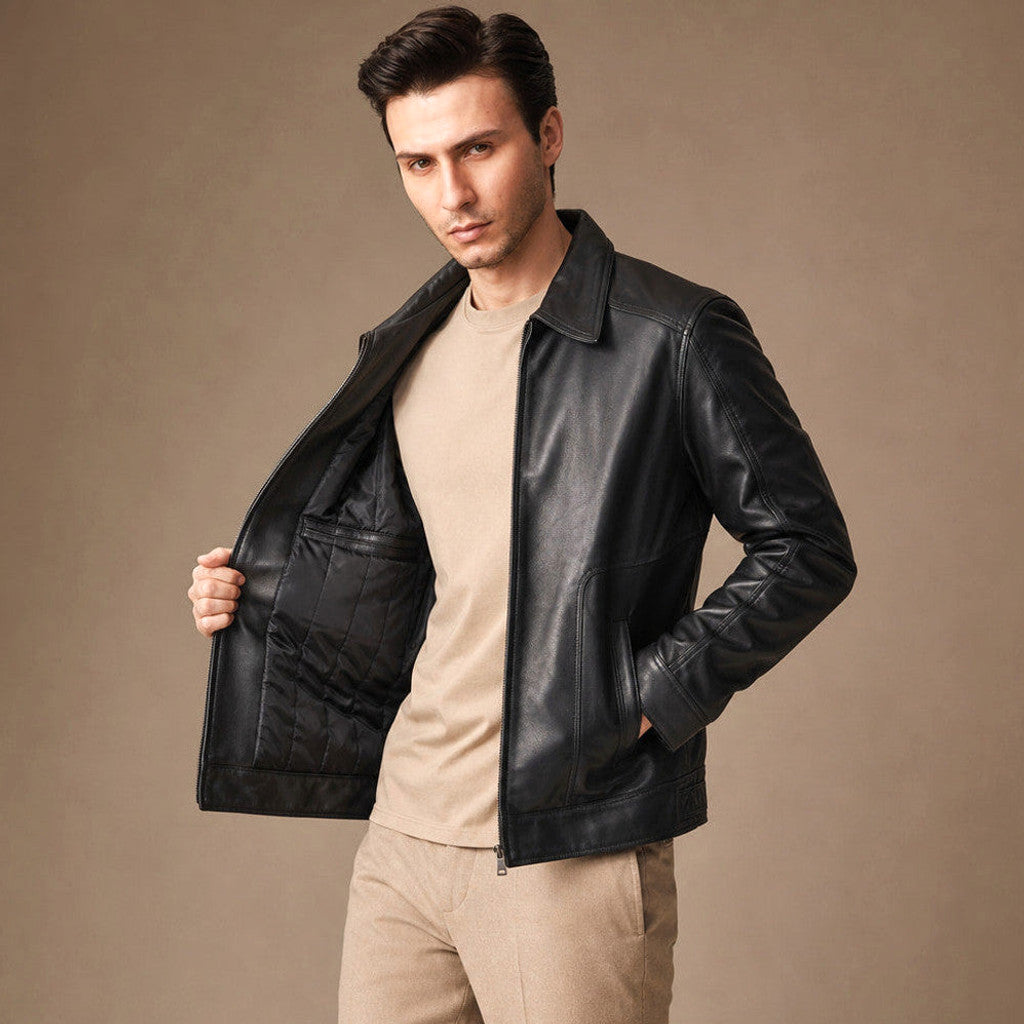 Rhys | Leather Biker Jacket Sheepskin Black – Product Photo