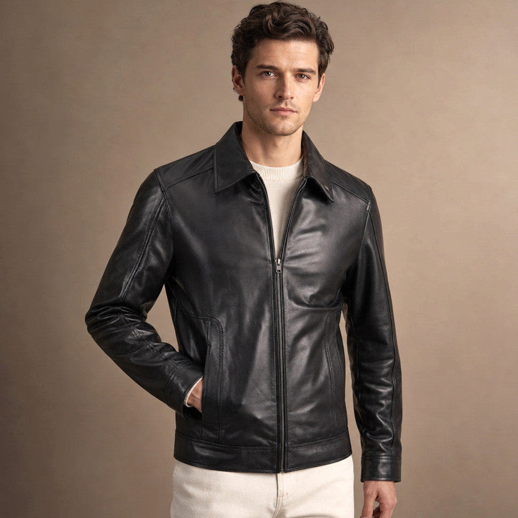 Black sheepskin leather biker jacket with shirt-style collar and front zip