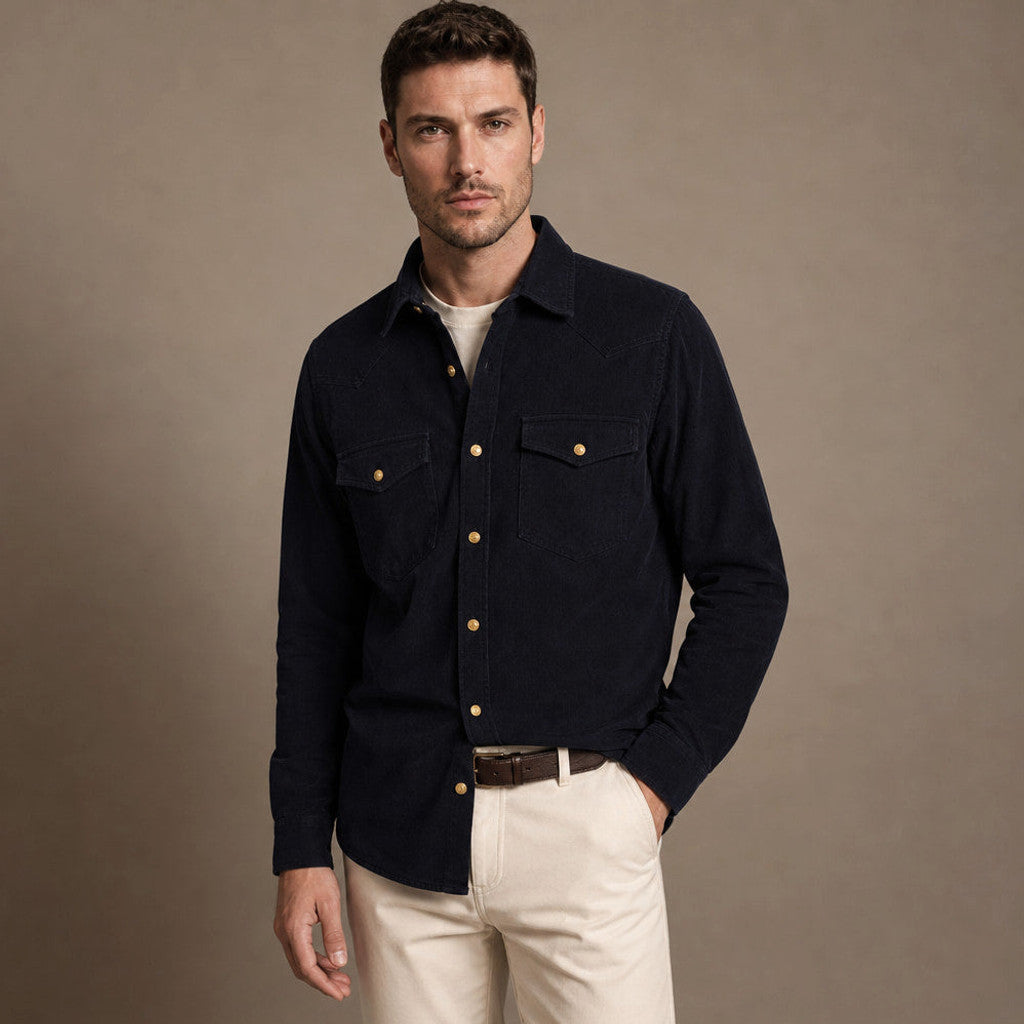 Richmond | Corduroy Western Shirt Snap Front Deep Navy – Side Angle View