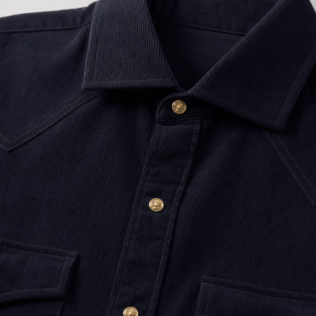 Richmond | Corduroy Western Shirt Snap Front Deep Navy – Fabric and Detail Close-Up
