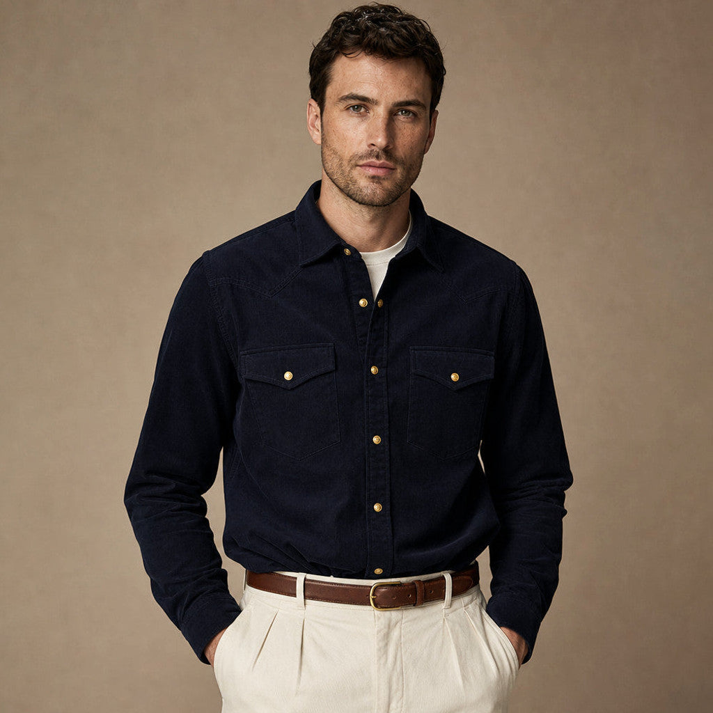 Richmond | Corduroy Western Shirt Snap Front Deep Navy – Product Photo