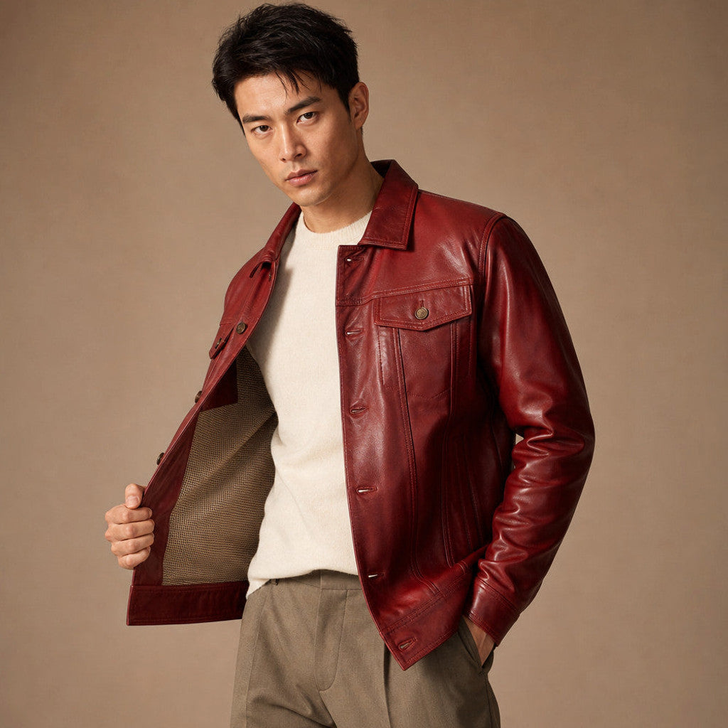 Rockwell | Leather Trucker Jacket Snap Front Red Red – Side Angle View