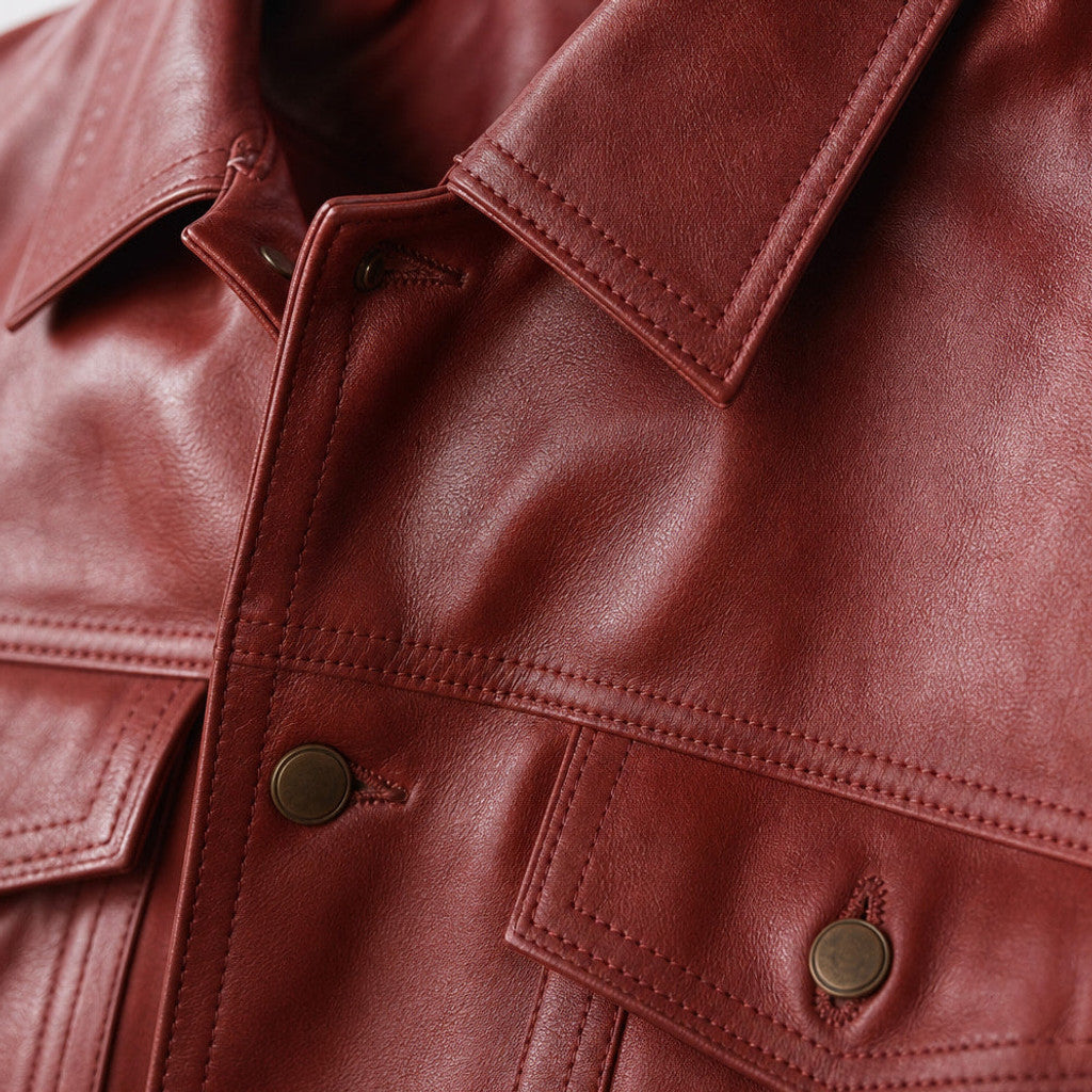 Rockwell | Leather Trucker Jacket Snap Front Red Red – Fabric and Detail Close-Up