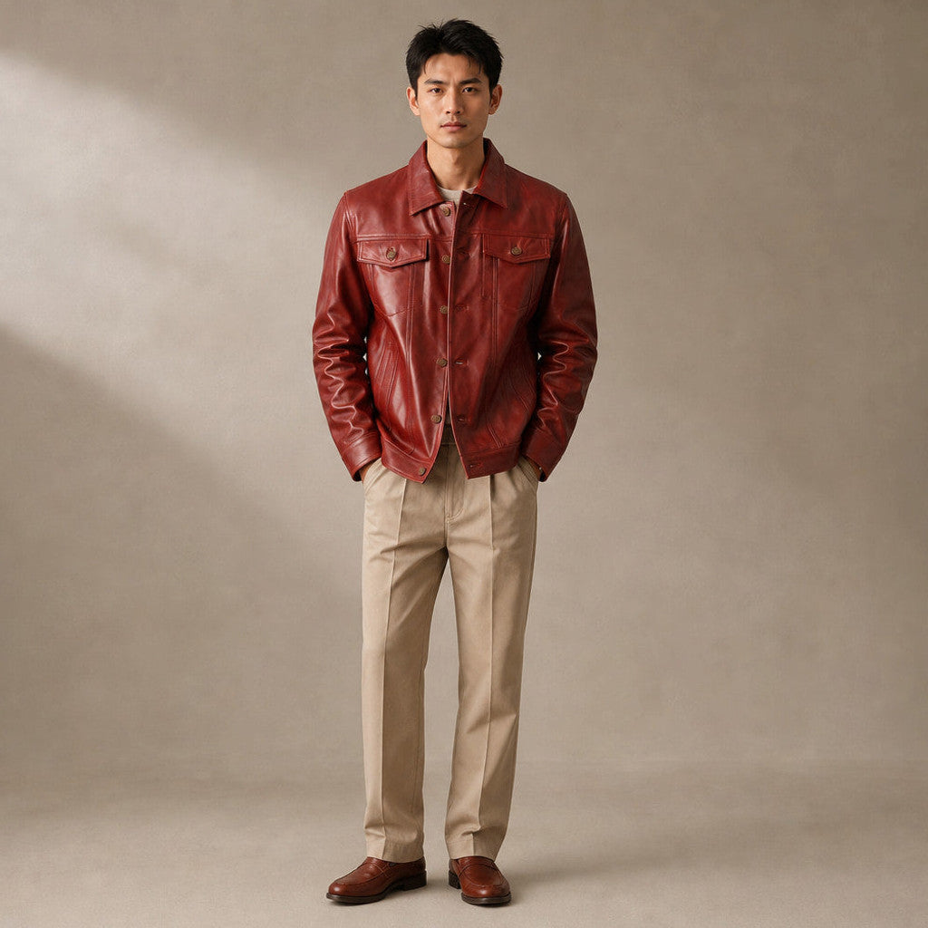 Rockwell | Leather Trucker Jacket Snap Front Red Red – Full Look