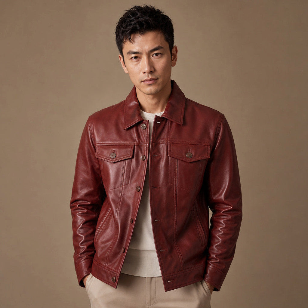 Rockwell | Leather Trucker Jacket Snap Front Red Red – Product Photo