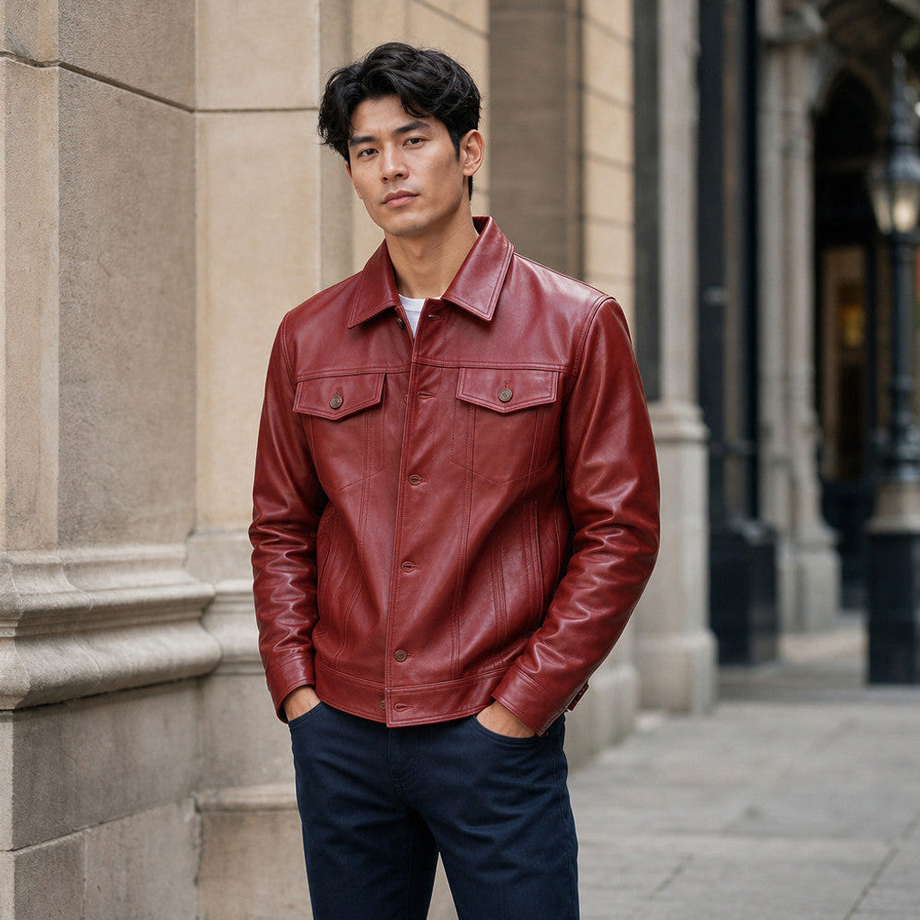 Rockwell | Leather Trucker Jacket Snap Front Red Red – Styled Editorial Shot