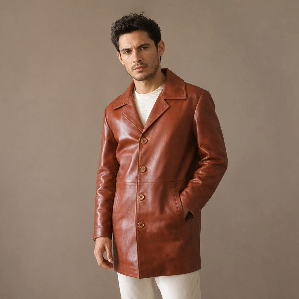 Rookwell | Leather Pea Coat Notch Lapel Brown Brown – Side Angle View